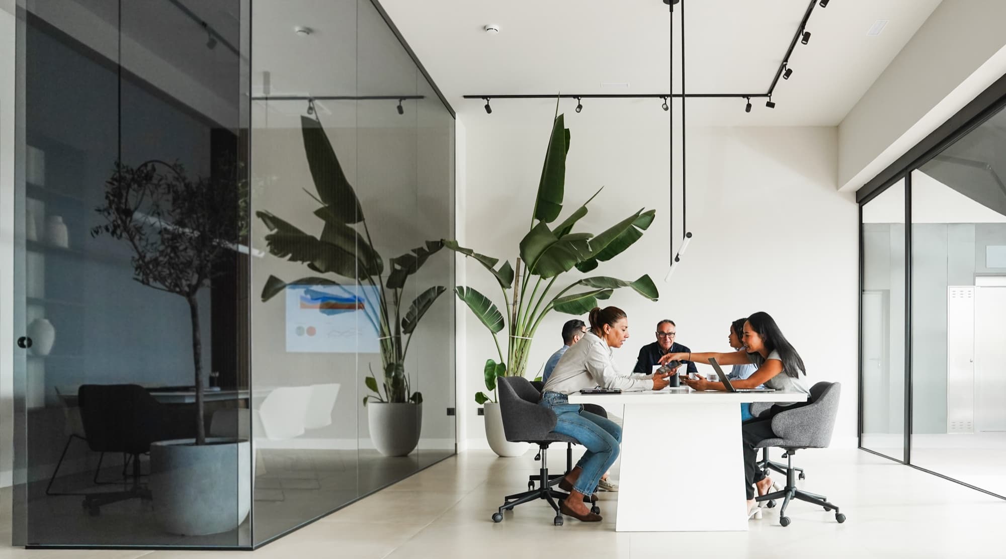 A team meeting at a white table in a bright glass-walled office